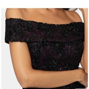 Off the shoulder sequin and lace trumpet gown, size 14 purple & black